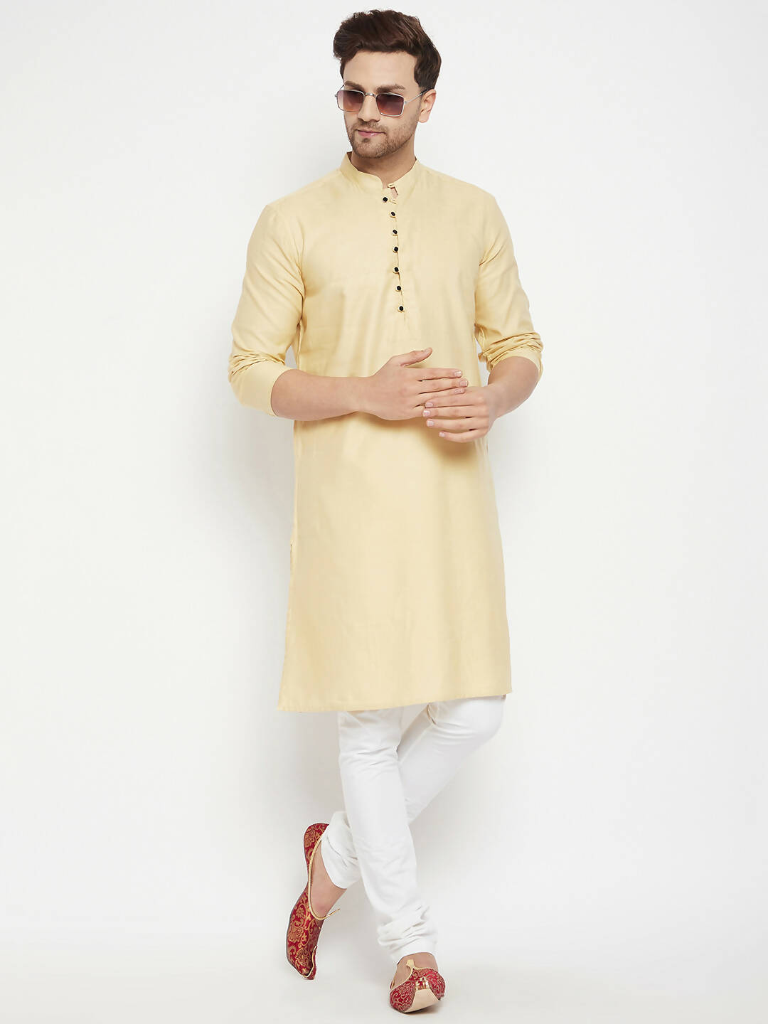 Even Apparels Beige Pure Cotton Long Men's Kurta With Band Collar - Distacart