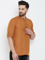 Thumbnail for Even Apparels Brown Linen Men's Kurta With Band Collar - Distacart