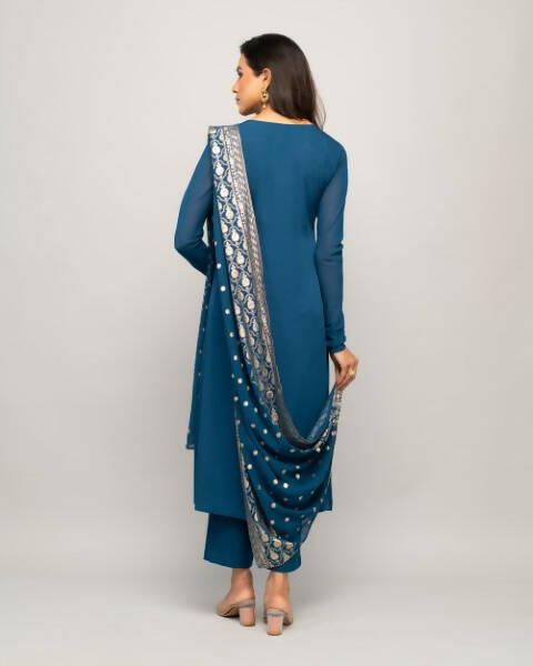 FIORRA Women's Teal Blue Creap A-Line Kurta Pant With Dupatta - Distacart