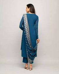 Thumbnail for FIORRA Women's Teal Blue Creap A-Line Kurta Pant With Dupatta - Distacart