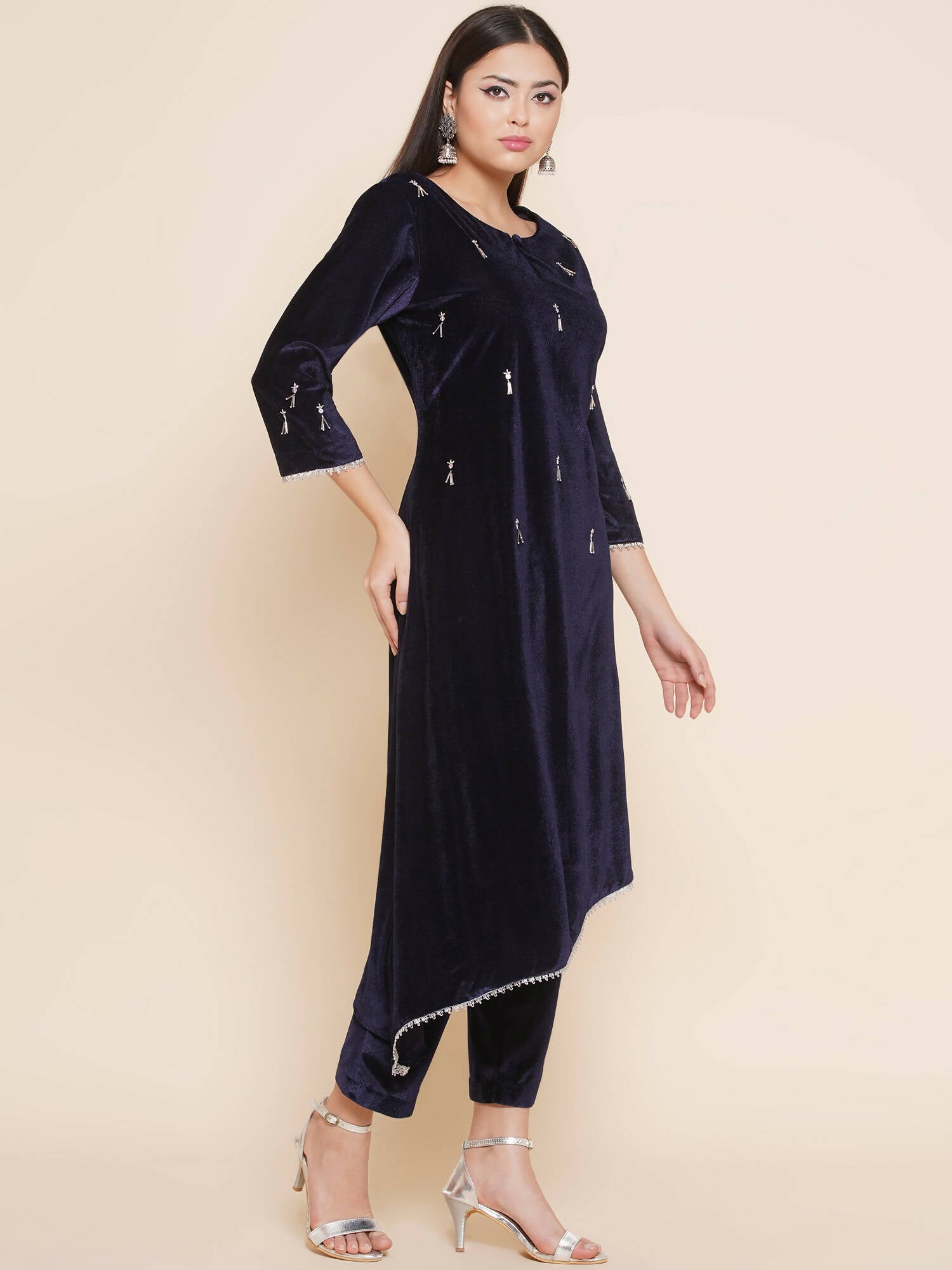 Women Republic Navy Blue Velvet Assymetrical Hand Embellished Kurta With Pants - Distacart