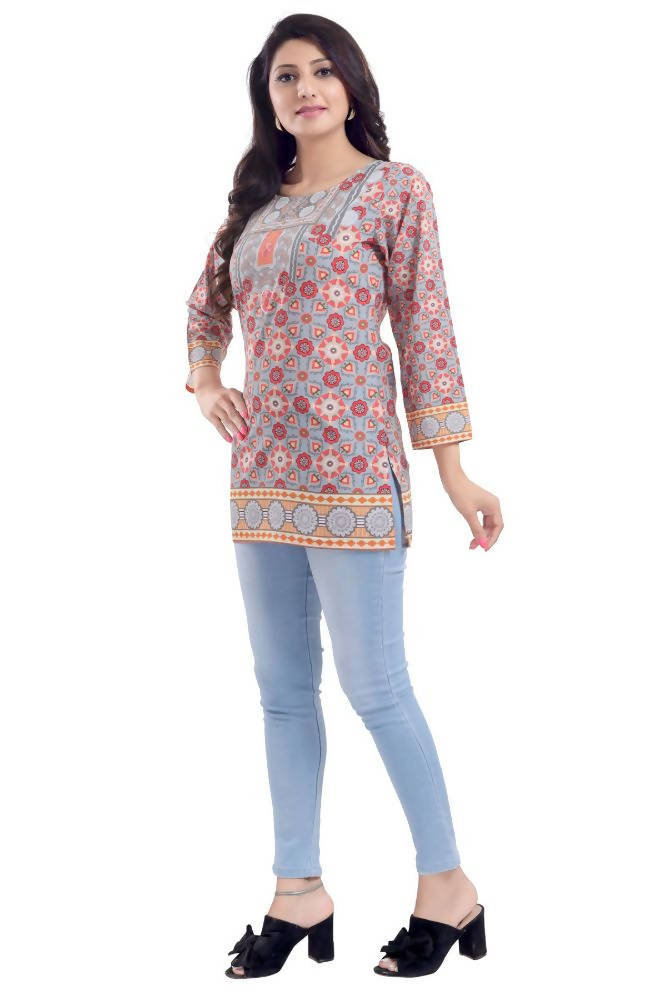 Snehal Creations Ash Gray Faux Crepe Short Kurti Tunic Top
