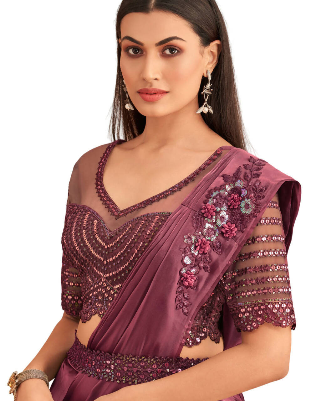 Wine Satin Embroidered Ready To Wear Saree With Unstitched Blouse Piece - Nandika - Distacart