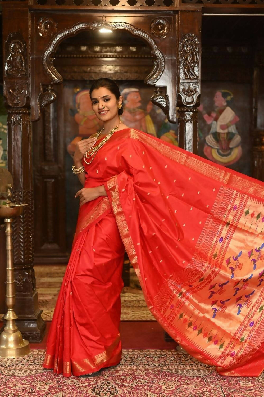 Very Much Indian Pure Silk Paithani With Most Traditional Double Pallu - Red Shade - Distacart
