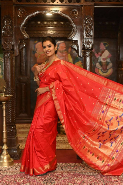 Very Much Indian Pure Silk Paithani With Most Traditional Double Pallu - Red Shade - Distacart