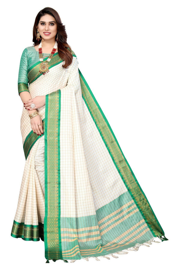 Vamika Weaving White Cotton Silk Saree (DEVAL GREEN) - Distacart