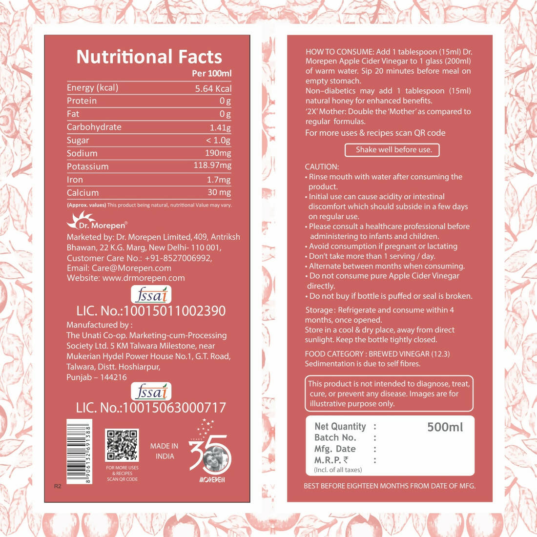 Dr. Morepen Apple Cider Vinegar With 2x Mother for Weight Management, Immunity, Skin & Hair - Distacart