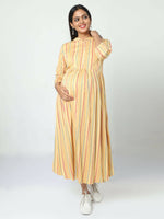 Thumbnail for Manet Three Fourth Maternity Dress Striped With Concealed Zipper Nursing Access - Yellow - Distacart