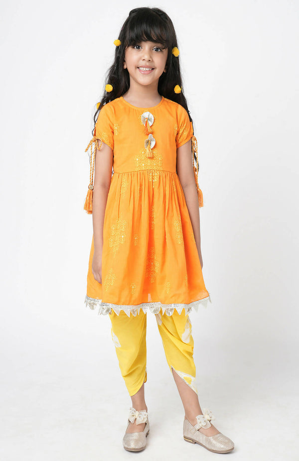 Lil Drama Marigold Magic Girls Orange Embroidered Kurta With Dhoti Set - Distacart