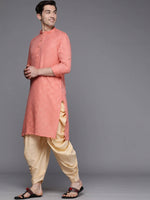 Thumbnail for Manyavar Men Peach-Coloured Mandarin Collar Self Design Kurta - Distacart