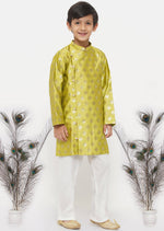 Thumbnail for Little Bansi Banarsi Silk Sherwani & Pyjama - Apple Green & Cream - Distacart