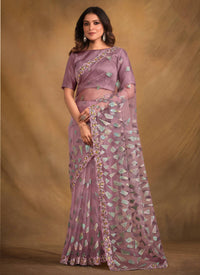 Thumbnail for Light Purple Velvet Texture Net Designer Saree with Unstitched Blouse - Norita Mahitha - Distacart