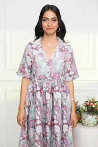 Thumbnail for Myshka Women Multi-Floral Rayon A-Line V-Neck Dress - Distacart