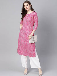 Thumbnail for Yufta Women Pink & White Leheriya Print Straight Kurta
