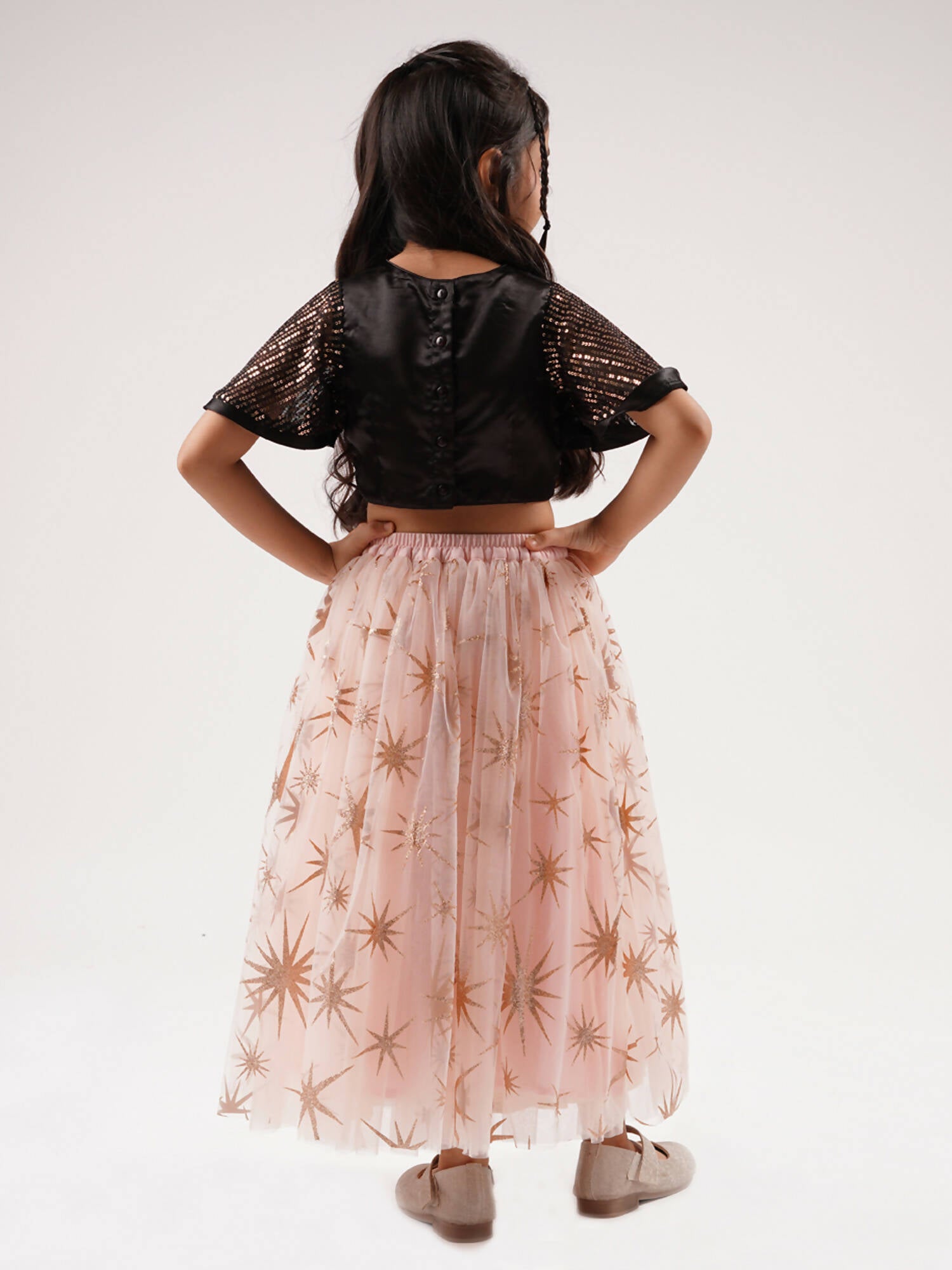 Lil Drama Paris Nights Girls Peach Sequin Choli Printed Lehanga - Distacart