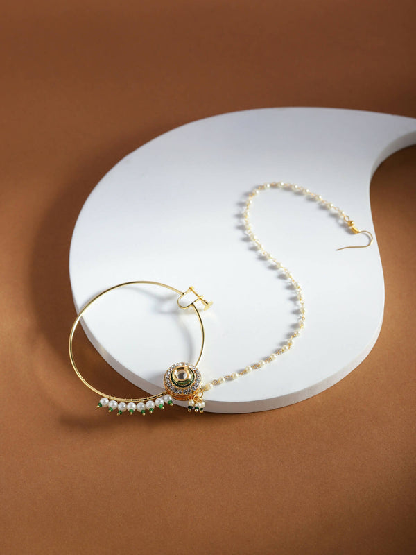 Gold-Plated White Green Kundan-Studded Pearl Beaded Nosepin - Ruby Raang - Distacart