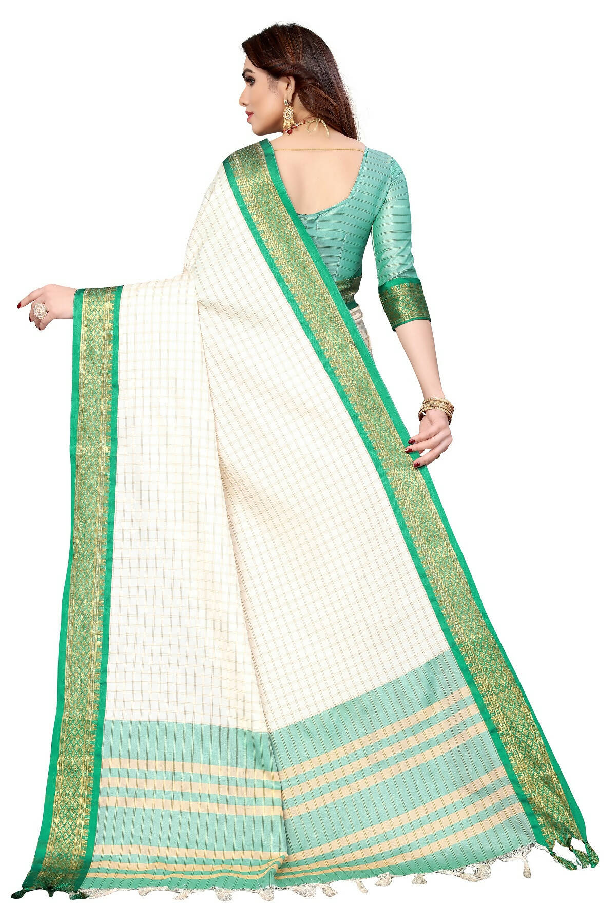 Vamika Weaving White Cotton Silk Saree (DEVAL GREEN) - Distacart