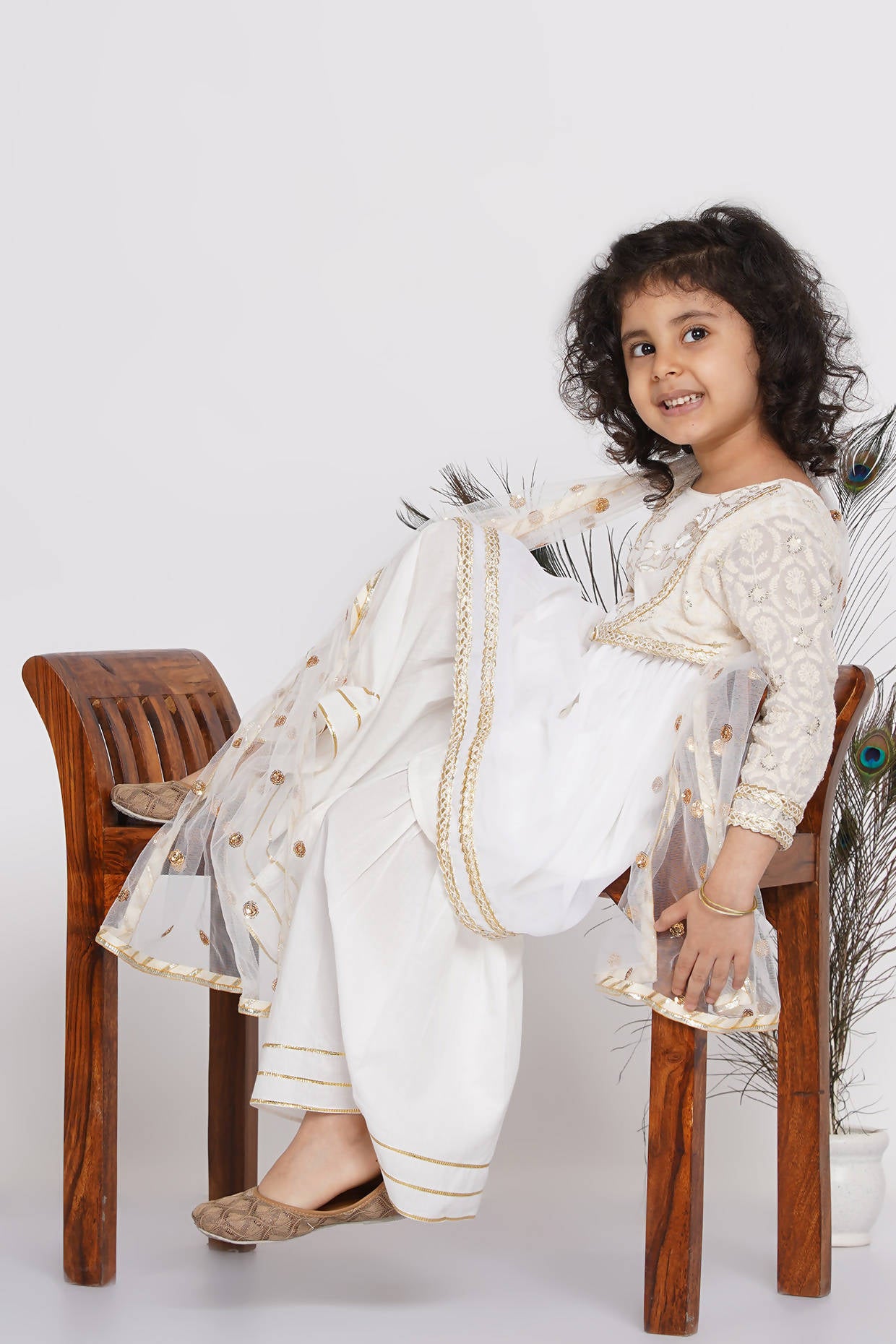 Little Bansi Cotton Floral Embroidery Frock Kurta with Sharara & Dupatta - White - Distacart