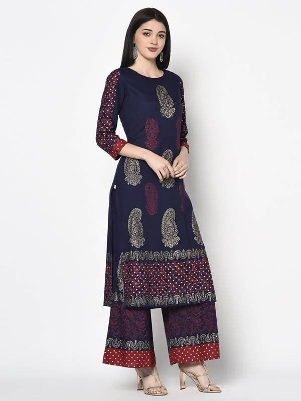 Aniyah Rayon Navy Blue Color Block Print Straight kurta (AN-180K)