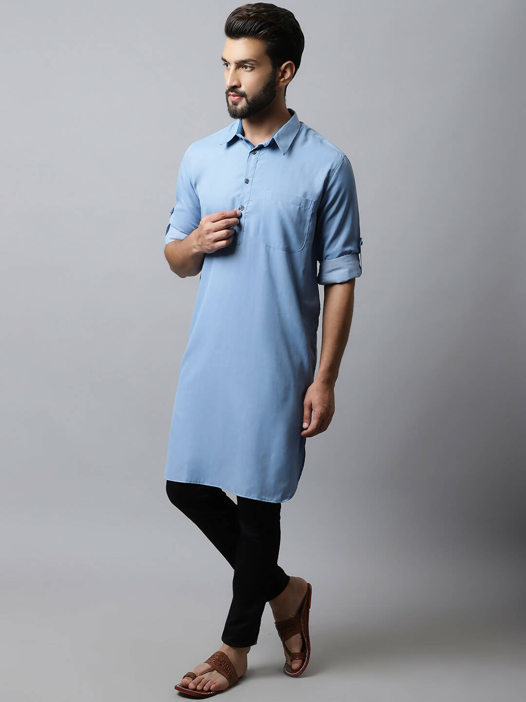 Even Apparels sky Blue Color Pure Cotton Solid Men's Kurta With Shirt Collar (MMS503) - Distacart