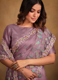 Thumbnail for Light Purple Velvet Texture Net Designer Saree with Unstitched Blouse - Norita Mahitha - Distacart
