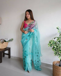 Thumbnail for Vamsee Lime Green Organza Saree - Distacart