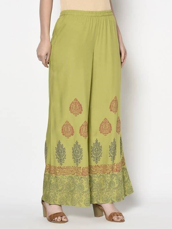 Aniyah Rayon Parrot Green Color Block Print Flared Slip-On Palazzo (AN-196K)