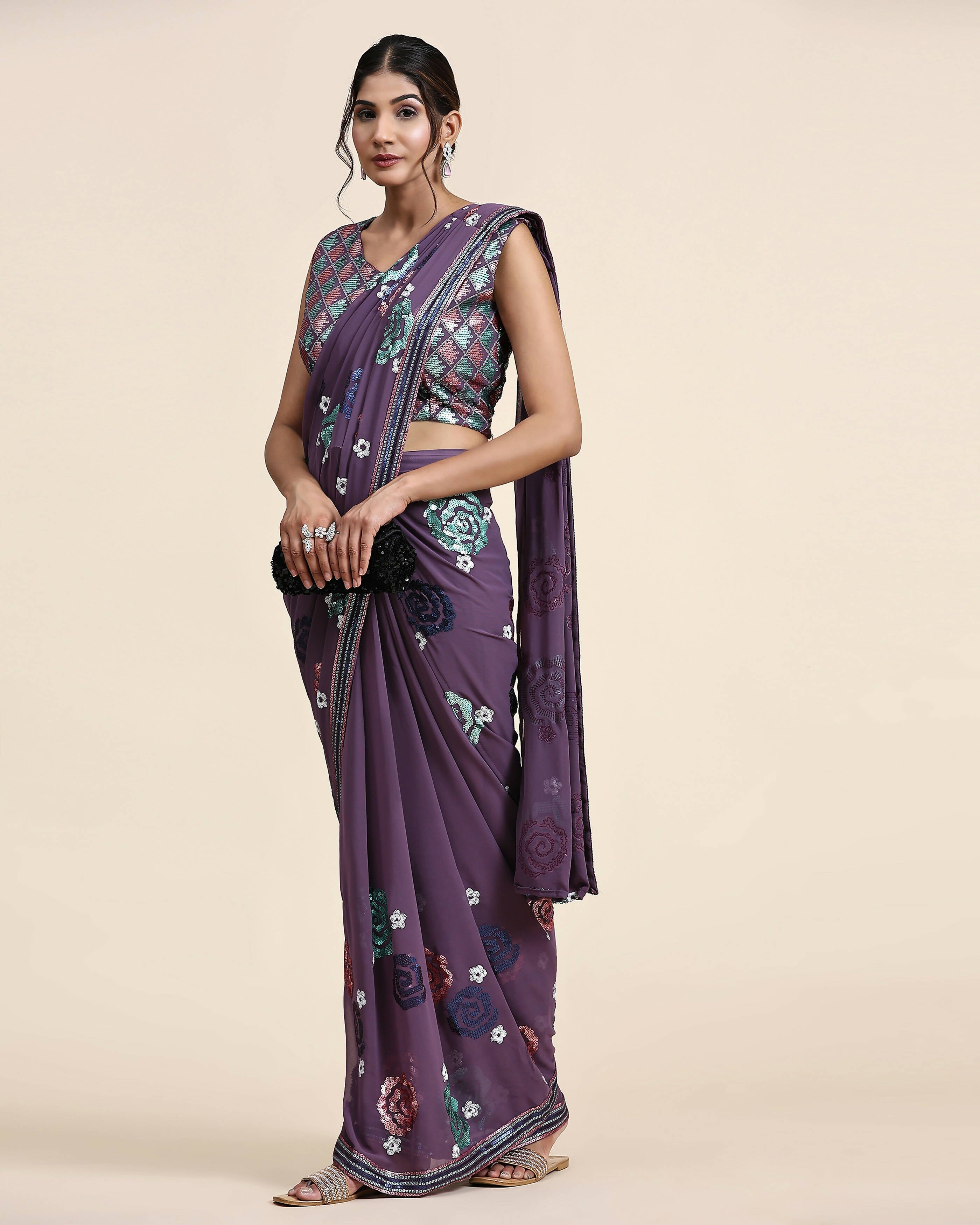 Purple Pure Georgette Sequence work Ready to wear Saree with stitched Blouse - Nirvana - Distacart