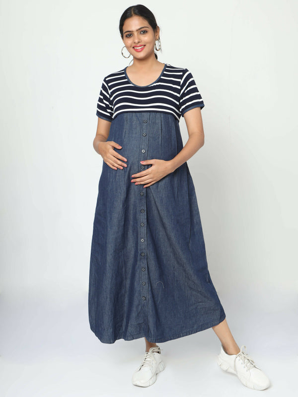Manet Half Sleeves Maternity Dress White Striped With Concealed Zipper Nursing Access - Navy - Distacart