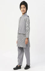 Thumbnail for Lil Drama Mehfil Grey Kurta Pant Jacket Set For Boys - Distacart