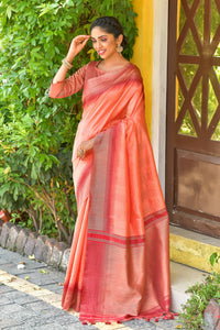 Thumbnail for Vishnu Weaves Women's Orange South Silk Zari Woven Saree with Unstitched Blouse - Distacart