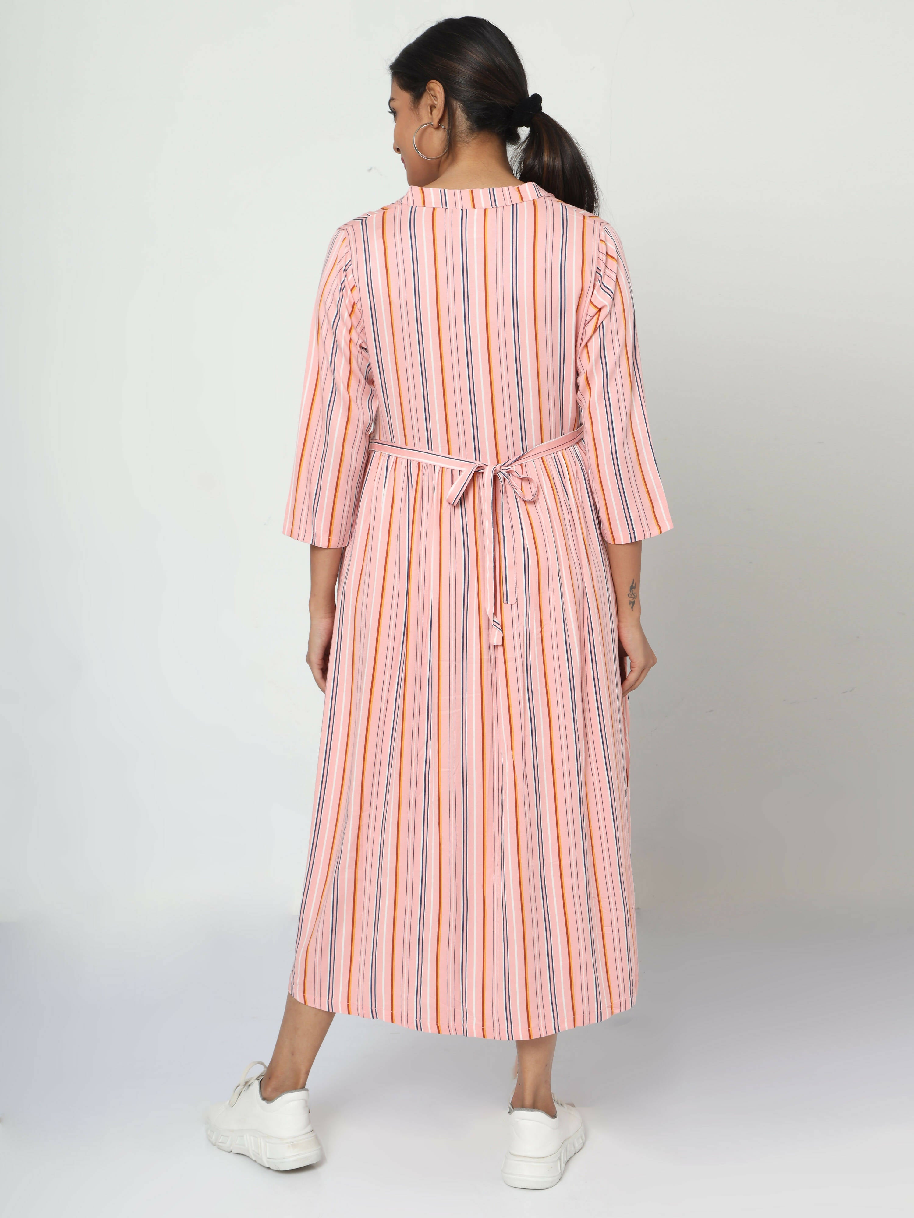 Manet Three Fourth Maternity Dress Strip Print With Concealed Zipper Nursing Access - Pink - Distacart