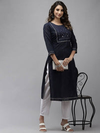 Thumbnail for Yufta Women Navy Blue Yoke Design Mirror Work Cotton Kurta