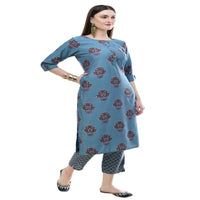 Thumbnail for Lagi Women's Turquoise Blue Printed Straight Kurta & Pant (MC39A)
