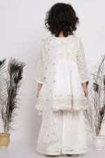 Thumbnail for Little Bansi Cotton Floral Embroidery & Lacework Kurta with Sharara & Dupatta - White - Distacart