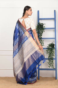 Thumbnail for Very Much Indian Handloom Pure Tussar Silk Saree With Floral Prints - Blue - Distacart