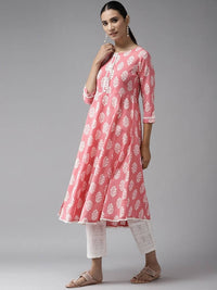 Thumbnail for Yufta Pink and White Block Print A-line kurta with Palazzo & Dupatta Set