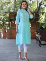 Thumbnail for Juniper Women's Seagreen Cotton Slub Embroidered Straight Kurta - Distacart
