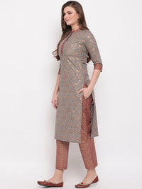 Thumbnail for NOZ2TOZ Women's Foil Print & Hand Work Straight Cotton Grey Kurti - Distacart