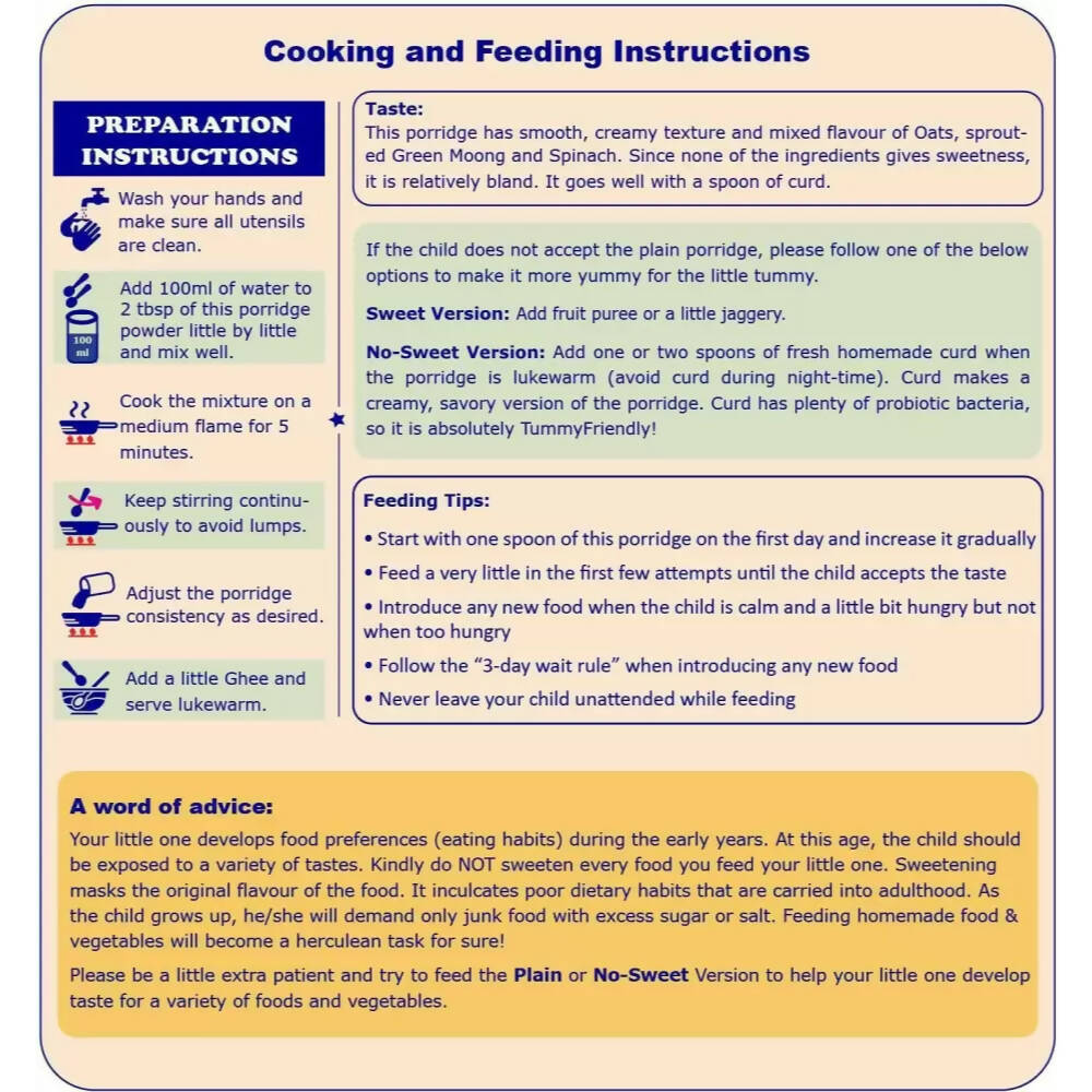 TummyFriendly Foods Certified Organic Oats, Green Moong, Spinach Porridge Mix for 8 Months Old - Distacart