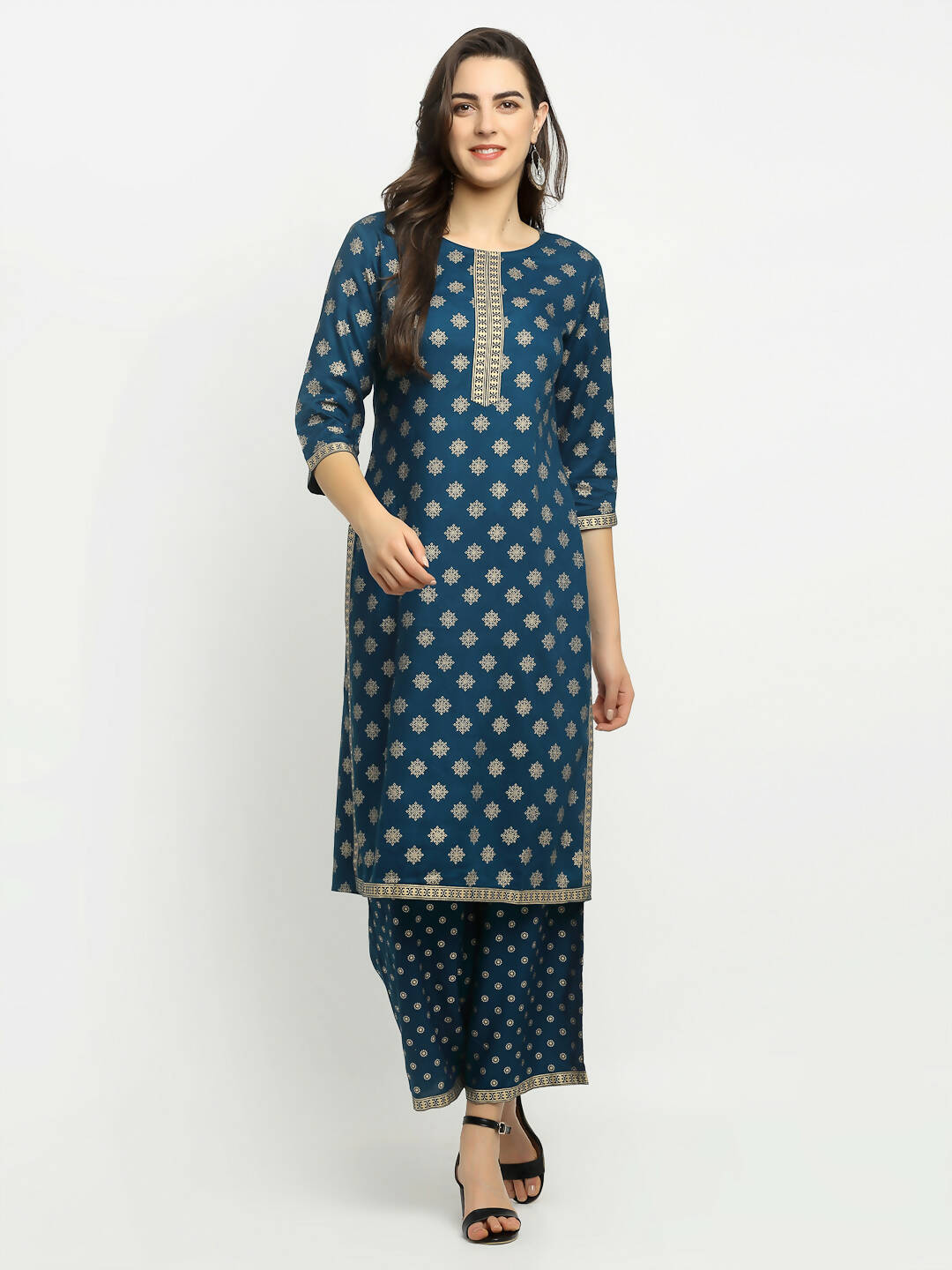 Rudra Bazaar Stright Gold Printed Kurti With Palazzo - Distacart