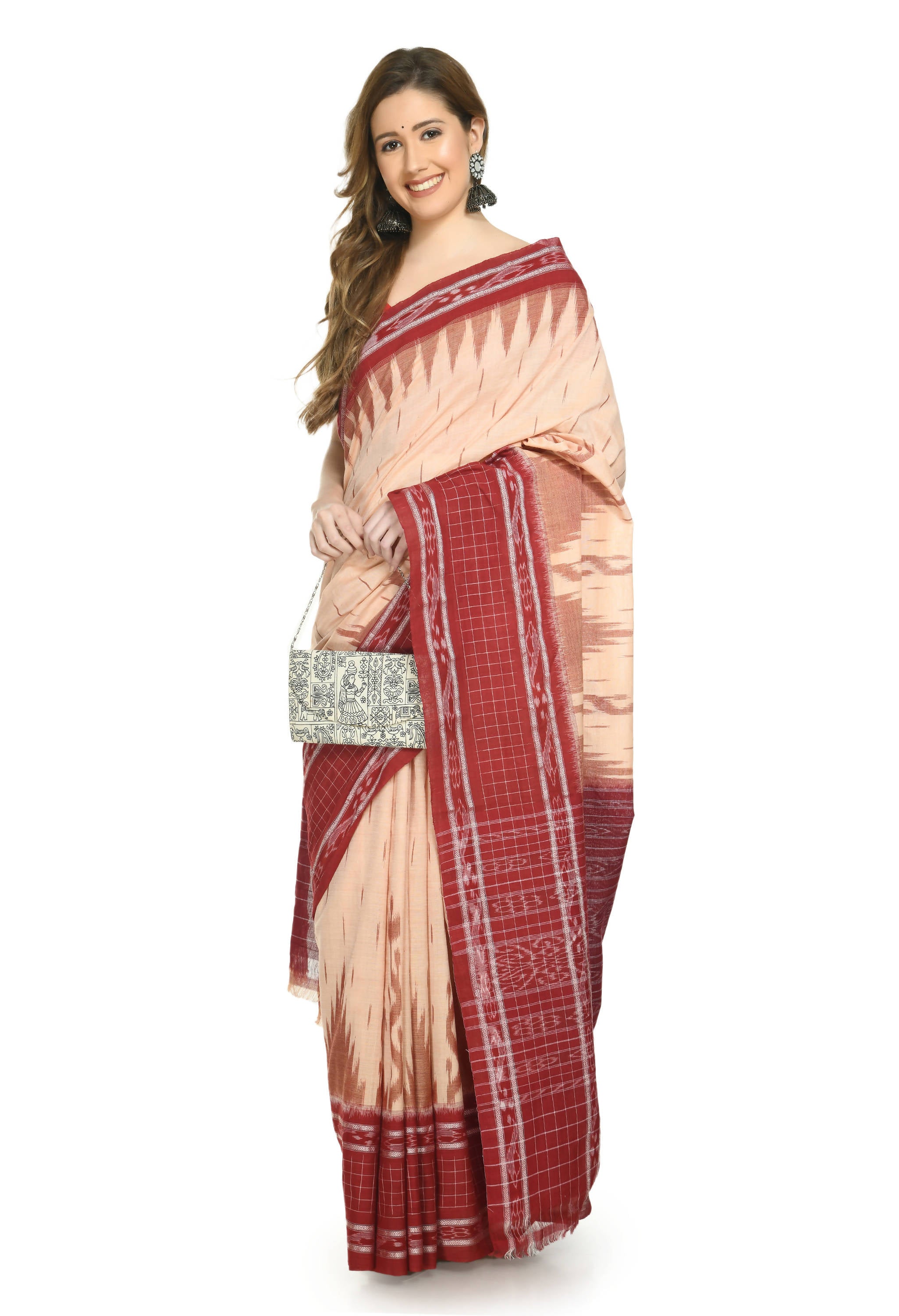 Vamika Sambalpuri Ikat Cotton Scot Dali Tasrite & Maroon Saree - Distacart