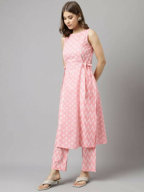 FIORRA Women's Baby Pink Cotton A-Line Kurta Set - Distacart