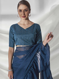 Thumbnail for Teal Organza Solid Saree With Unstitched Blouse Piece - Shanaya - Distacart