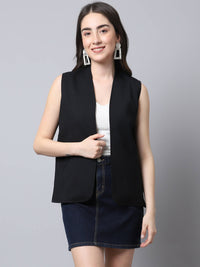 Thumbnail for Even Apparels Black Linen Cotton Open Front Women's Waistcoat - Distacart