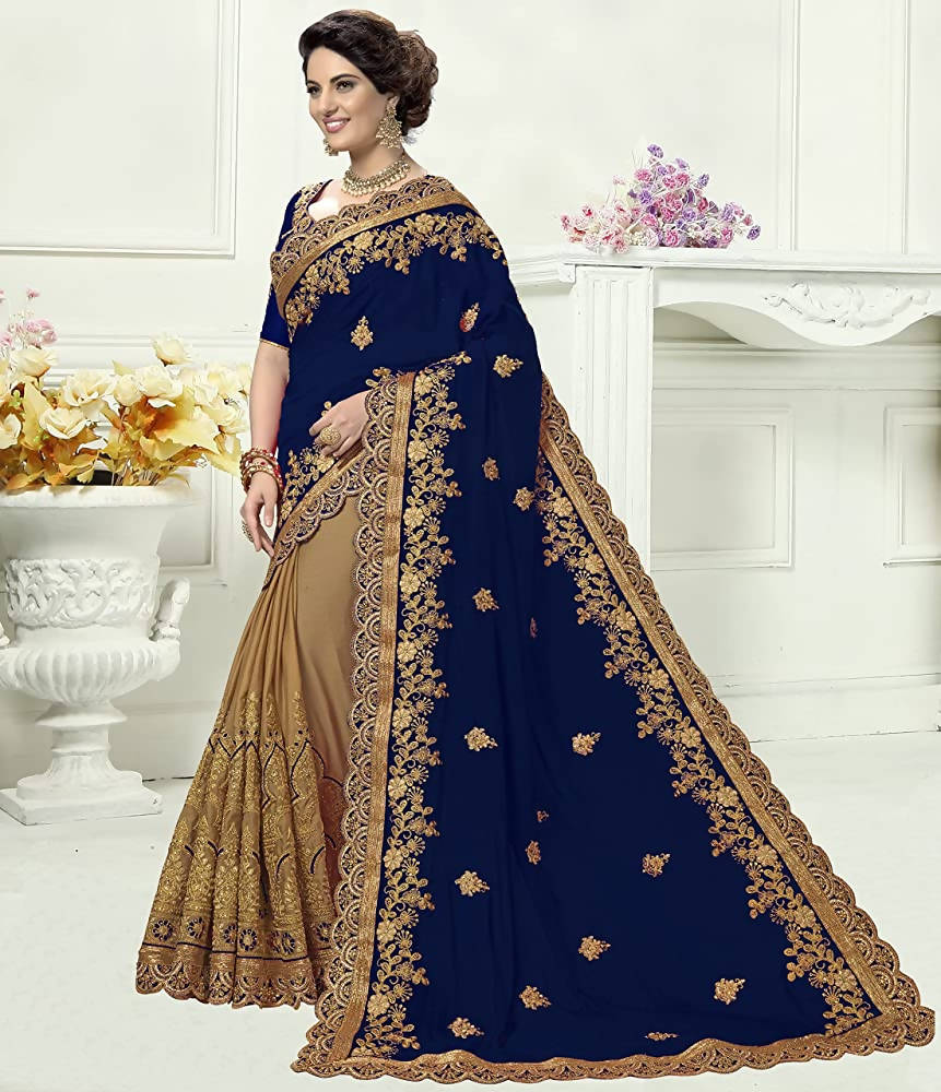 Panash Trends Women's Blue Silk Heavy Embroidery Saree