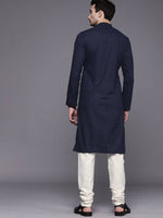 Thumbnail for Manyavar Men Navy Blue Embroidered Regular Thread Work Kurta with Pyjamas - Distacart
