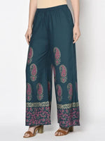 Thumbnail for Aniyah Rayon Teal Blue Color Block Print Flared Slip-On Palazzo (AN-222K)