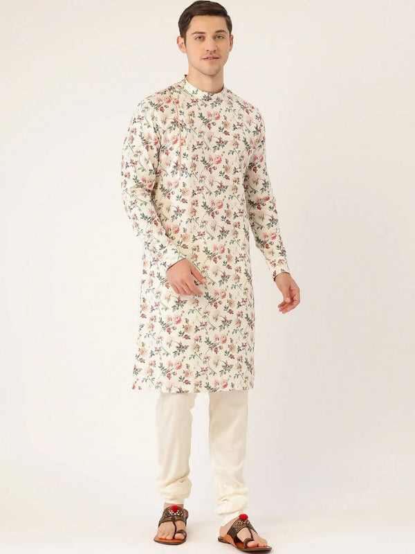 Manyavar Men Off-White & Pink Floral Print Straight Kurta - Distacart