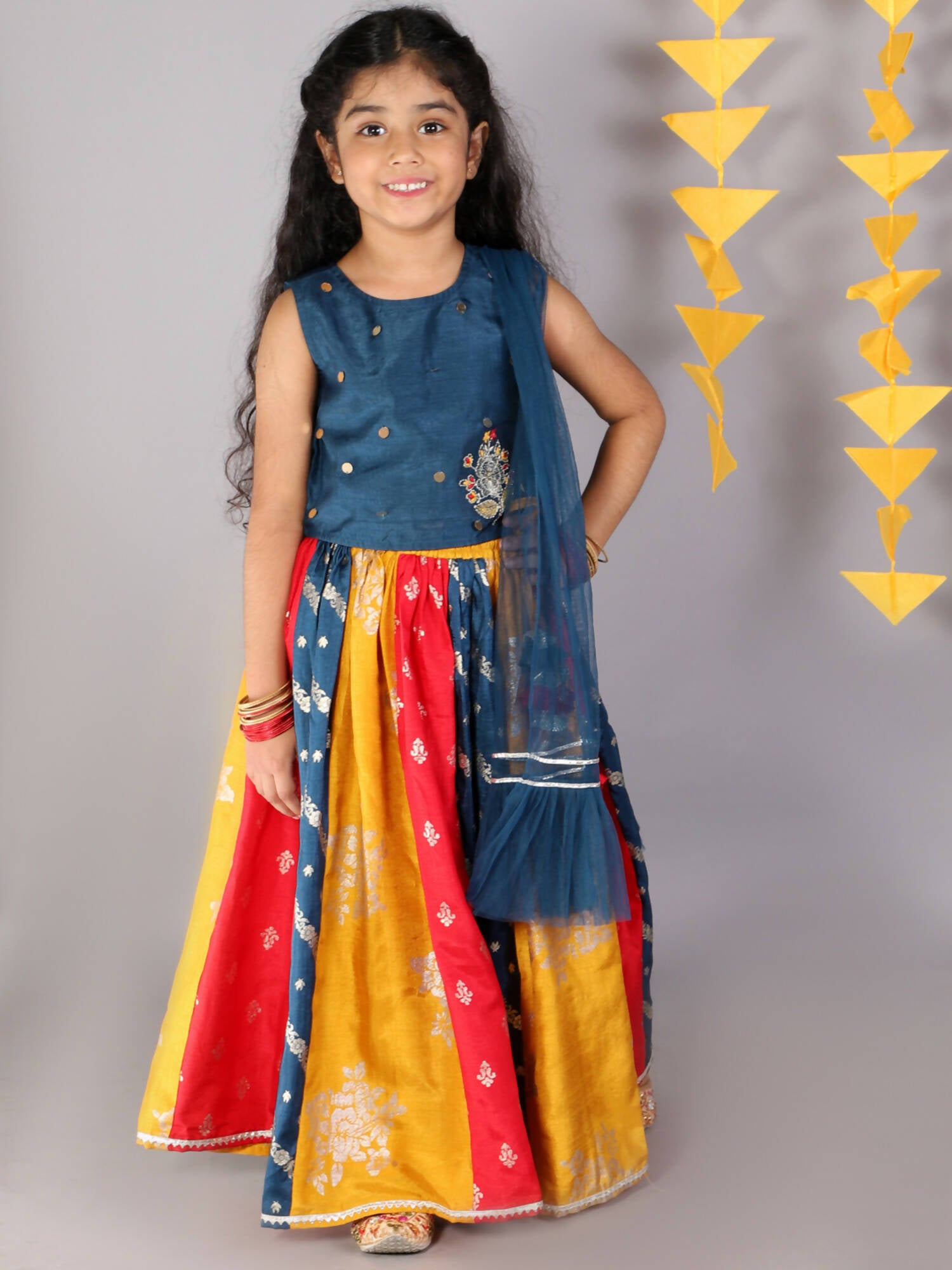 Lil Drama Girls Choli Ghaghra & Dupatta Set - Teal Blue - Distacart